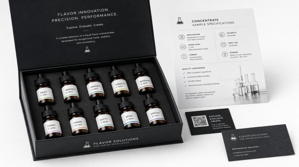 CUIGUAI Flavoring's B2B e-liquid flavor concentrate sample kit — precision-packaged amber dropper vials with specification sheets, Certificate of Analysis, and QR code card — representing the manufacturer's technical documentation-first approach to B2B sampling for global OEM e-liquid brand clients.