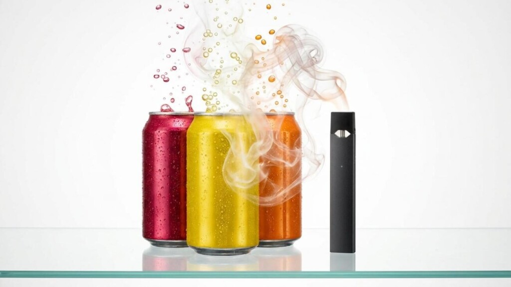 Hero image showing colorful soda cans and a sleek vape device side by side — representing the cross-category flavor transfer from carbonated soft drinks to e-liquid formulation explored in this article by CUIGUAI Flavoring.