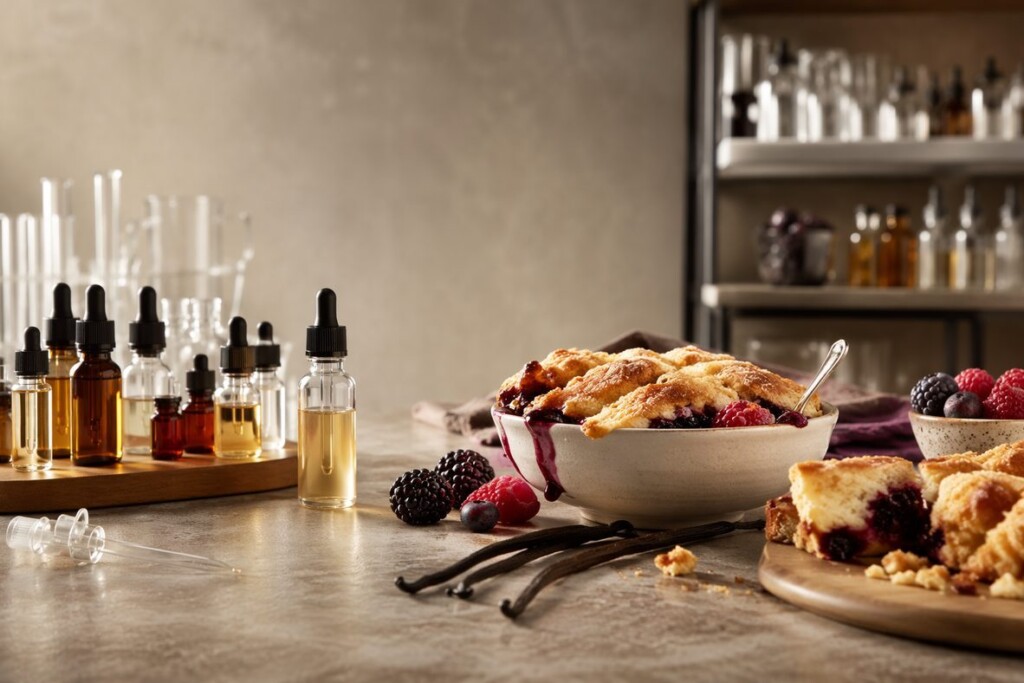 A professional e-liquid R&D bench with berry cobbler dessert reference and sample bottles, illustrating the technical challenge of creating a balanced bakery-fruit fusion vape flavor.