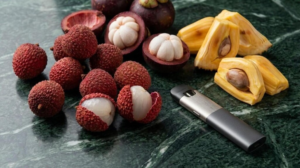 Fresh lychees, halved mangosteens, and jackfruit wedges displayed beside a vape device on dark marble — hero image for CUIGUAI Flavoring's technical guide on formulating exotic tropical fruit e-liquid flavors beyond mango.