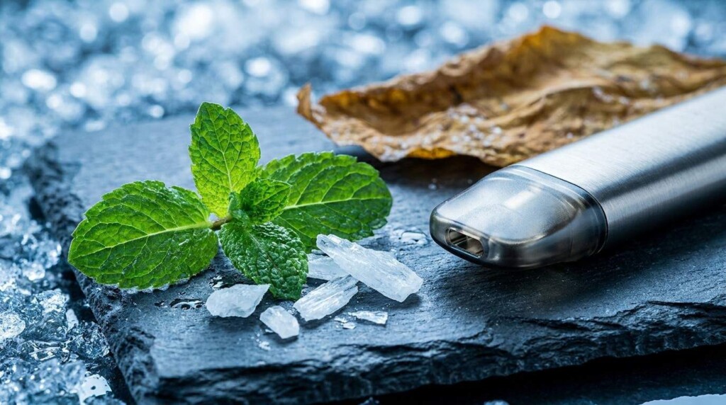 Menthol crystals, mint leaves, and a tobacco leaf beside a vape device on dark slate — hero image for CUIGUAI Flavoring's technical analysis of the resurgence of menthol tobacco e-liquid flavors in post-ban markets globally.