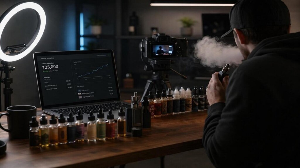 A professional vape YouTube reviewer at a studio desk with camera, ring light, and arranged e-liquid bottles — hero image for CUIGUAI Flavoring's technical analysis of how YouTube reviewers shape e-liquid flavor trends and commercial demand.