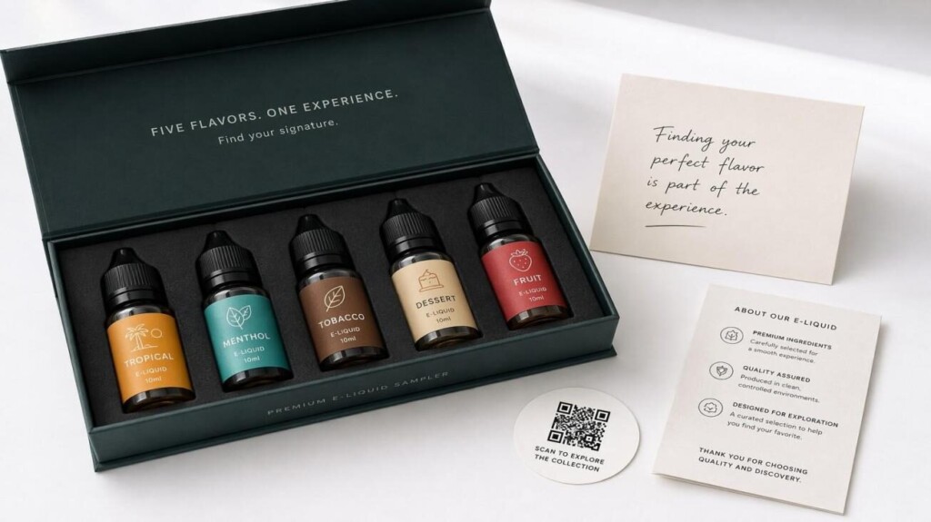 A premium e-liquid tester pack with five color-coded 10ml sample bottles, handwritten note card, QR code, and product leaflet — hero image for CUIGUAI Flavoring's technical guide on the psychology of e-liquid sampling programs and how to design tester packs that drive purchase conversion.