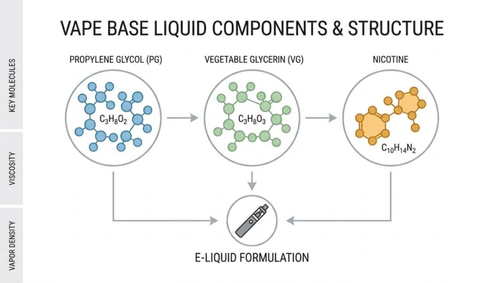 A scientific diagram illustrating the molecular structure and roles of propylene glycol (PG), vegetable glycerin (VG), and nicotine in an unflavored e-liquid base formulation.