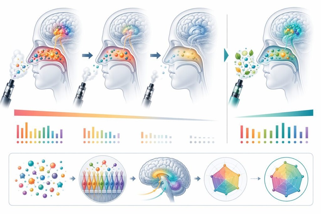A scientific illustration of repeated vapor exposure and sensory adaptation, showing why a changing, layered flavor signal can remain more perceptually legible than a single oversized note.