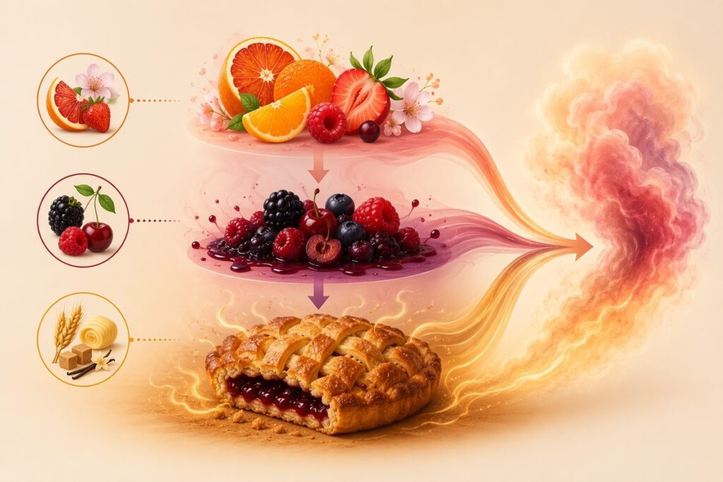 A scientific layered illustration showing how a bakery-fruit fusion e-liquid is organized with warm pastry base notes, juicy fruit body notes and bright volatile top notes for balance and realism.