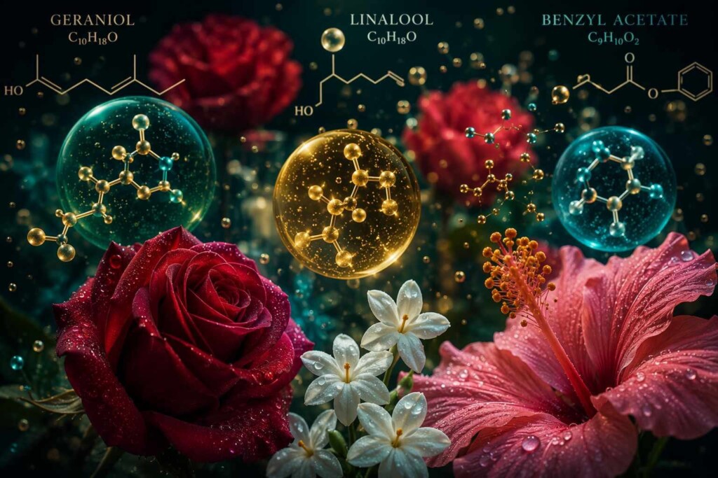 Scientific visualization of key aroma molecules in rose, jasmine, and hibiscus e-liquid flavor concentrates: geraniol, citronellol, benzyl acetate, and hibiscus volatile compounds used in premium vaping formulations.