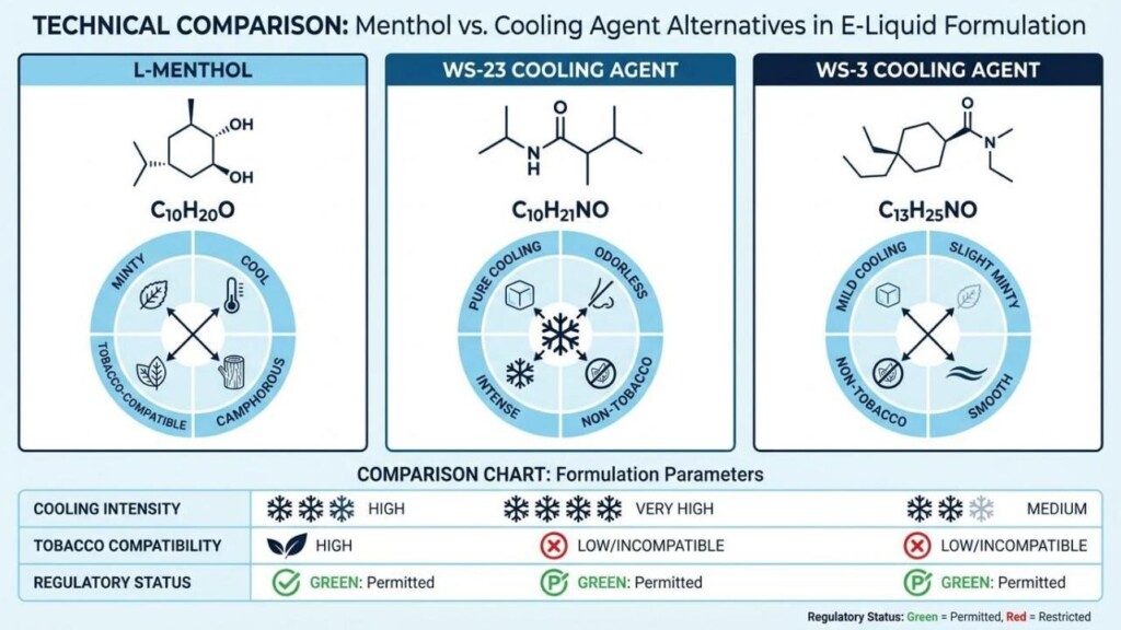 A technical infographic comparing L-Menthol, WS-23, and WS-3 cooling agents for tobacco e-liquid formulation — molecular structures, sensory wheels, cooling intensity ratings, tobacco compatibility, and 2025 regulatory status — from CUIGUAI Flavoring's technical guide.