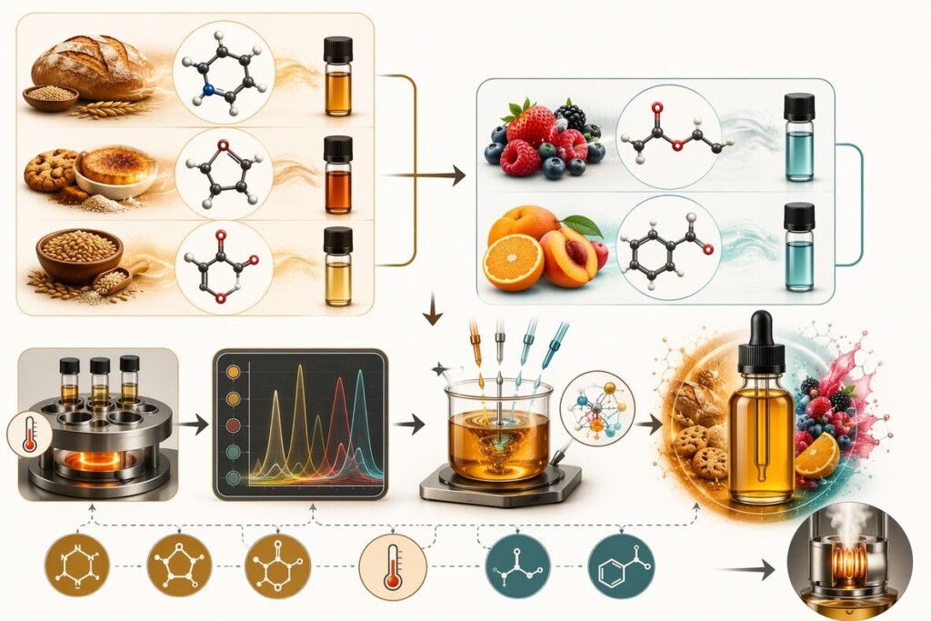 A technical illustration of the fusion flavor development process showing bakery aroma molecules and fruit esters being tested, blended and evaluated for a balanced cobbler or pie vape profile.