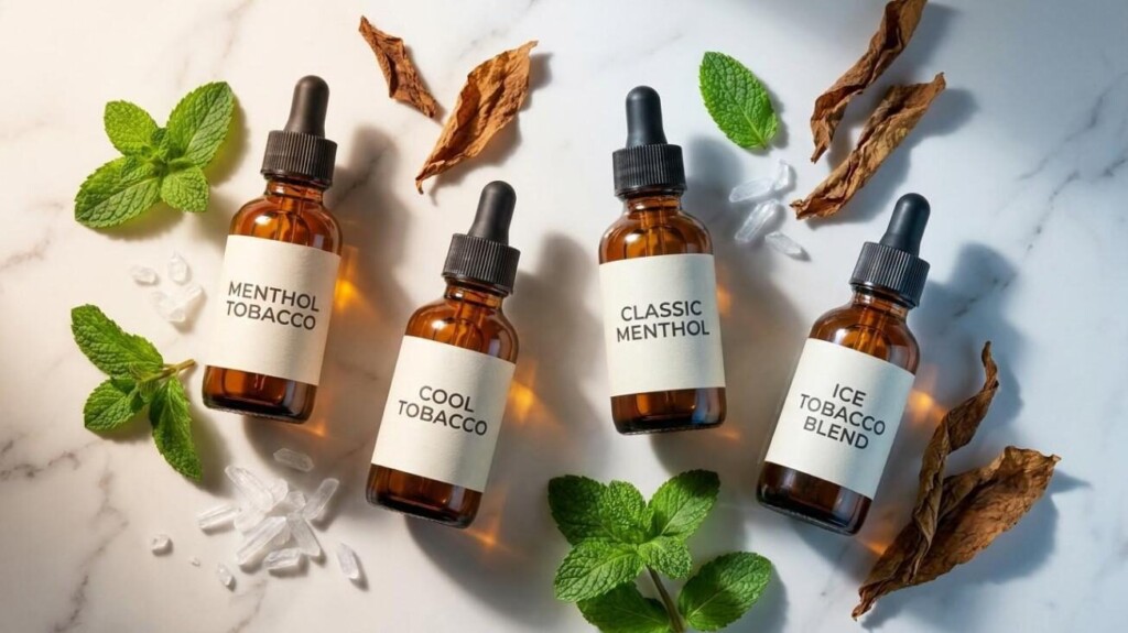 CUIGUAI Flavoring's menthol tobacco e-liquid concentrate lineup — Menthol Tobacco, Cool Tobacco, Classic Menthol, and Ice Tobacco Blend — with fresh mint and tobacco leaves on white marble. GC-MS verified and regulatory documented for FDA, TPD, and GB standard markets globally.