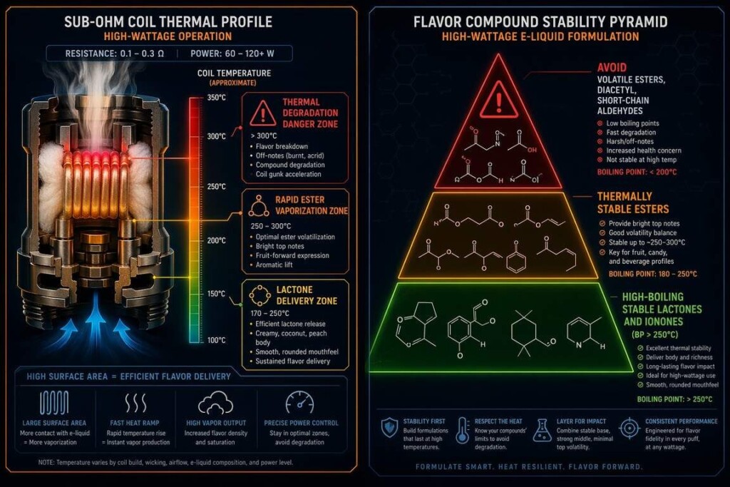 A split-panel technical diagram showing a sub-ohm coil cross-section with thermal zones (250-300 degrees C) and the flavor compound stability pyramid for cloud-chase e-liquid — stable lactones/ionones at base, medium esters in middle, avoid short-chain esters and diacetyl at top — from CUIGUAI Flavoring's high-wattage formulation guide.