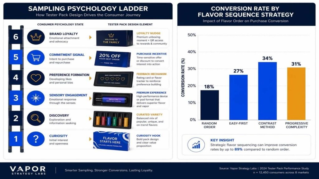 Two analytical charts: the six-rung sampling psychology ladder (Curiosity to Brand Loyalty) with tester pack design triggers for each rung, and a bar chart comparing conversion rates by flavor sequence strategy (Contrast Method 34% vs. Random Order 18%) — from CUIGUAI Flavoring's sampling strategy guide.