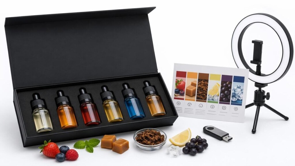 CUIGUAI Flavoring's premium e-liquid flavor concentrate sample kit arranged for reviewer presentation — multiple flavor variants with documentation and professional staging. Available for global B2B OEM supply with full technical documentation and YouTube reviewer sample programme support.