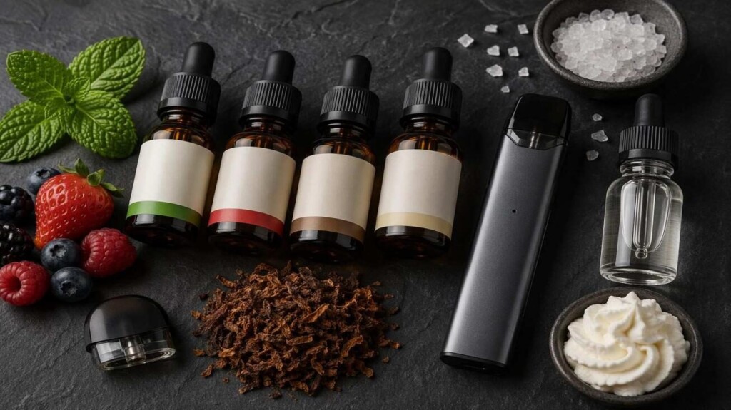 CUIGUAI Flavoring's Pod-Certified e-liquid concentrate lineup — Cool Mint Pod, Fruit Salt, Tobacco Salt, Sweet Cream Pod — displayed on dark slate with a sleek pod device and nicotine salt crystals. Available for global B2B OEM supply with device-specific technical validation and full regulatory documentation.