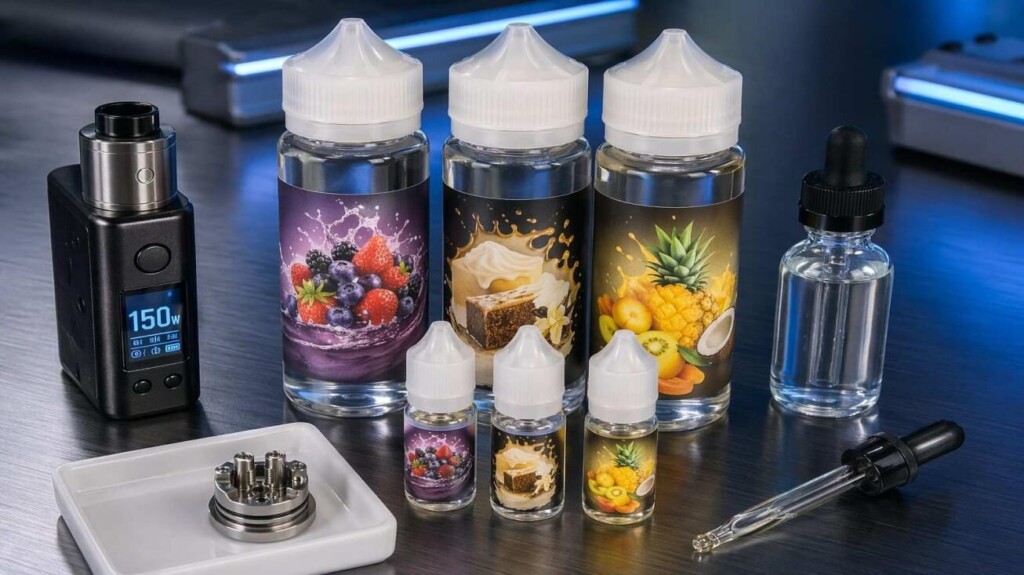 CUIGUAI Flavoring's Sub-Ohm Certified cloud-chase e-liquid concentrate lineup — Max VG Fruit Blend, Sub-Ohm Dessert, Cloud Chase Tropical — displayed with high-wattage device components on dark metal. Available for global B2B OEM supply with high-wattage validation data and diacetyl-free certification.