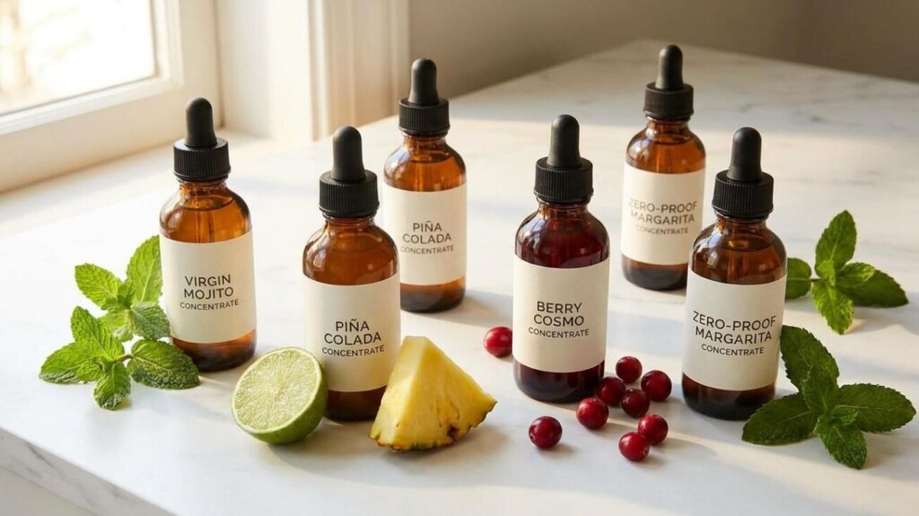 CUIGUAI Flavoring's mocktail-inspired e-liquid concentrate lineup — Virgin Mojito, Piña Colada, Berry Cosmopolitan, and Zero-Proof Margarita — displayed with fresh botanicals. Available for OEM B2B supply globally with full GC-MS verification and regulatory documentation.