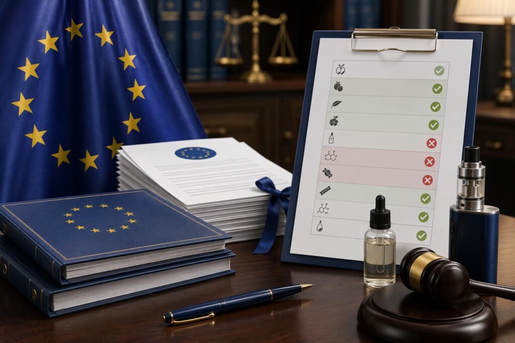 Une mise à jour complète de 2026 sur la conformité à la directive européenne sur les produits du tabac (TPD) pour les fabricants d'arômes pour e-liquides — couvrant le cadre de l'article 20, les catégories d'additifs interdits par l'article 7(6), la mosaïque nationale d'interdictions d'arômes dans 8 pays, les perspectives de révision de la TPD III et le cadre complet de documentation de conformité de Cuiguai Flavour pour les clients du marché de l'UE.