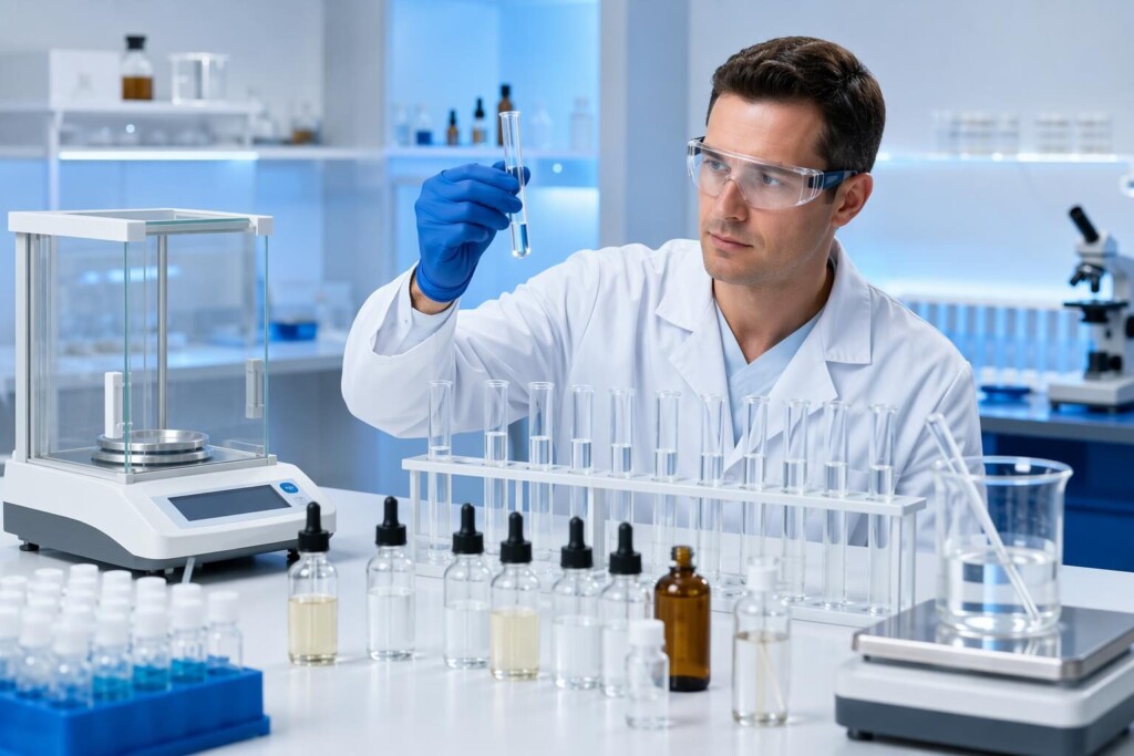 A professional laboratory conducting flavor shot compatibility testing — solubility verification across VG/PG ratios, cold-temperature stability, and nicotine system compatibility — illustrating the specific technical quality requirements that distinguish professional flavor shot concentrates from standard B2B manufacturing concentrates.