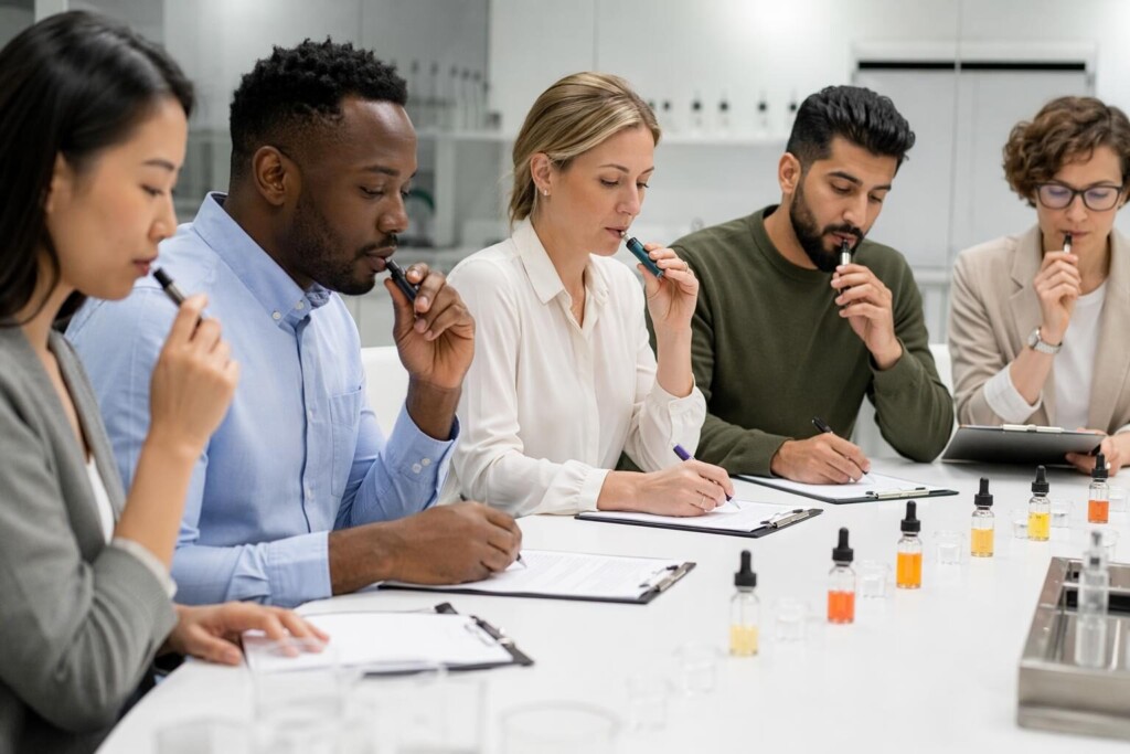 A professional consumer sensory evaluation panel testing e-liquid flavor preferences across demographic groups — illustrating how controlled research methodology reveals genuine gender-based flavor preference differences versus marketing stereotype.