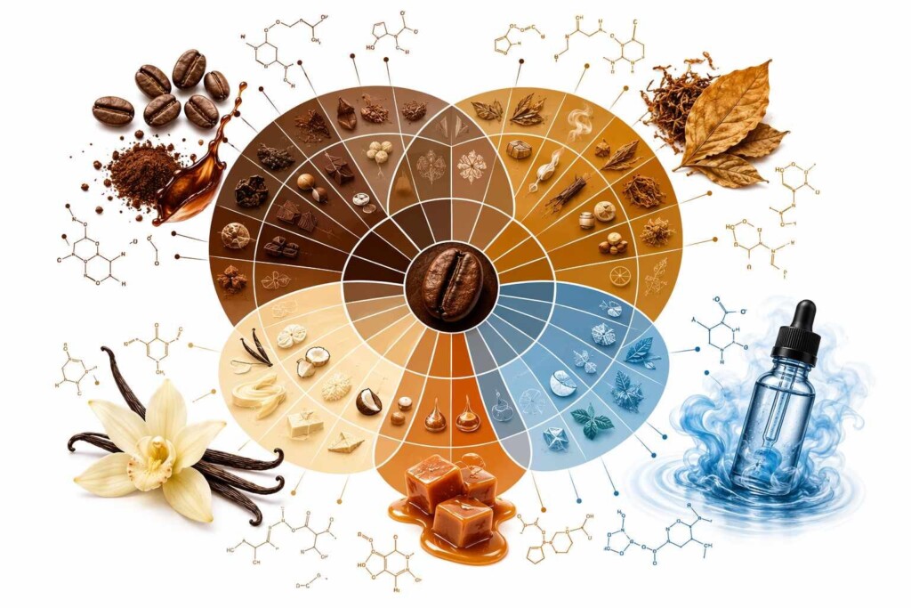 A professional aroma chemistry visualization showing how coffee flavor compounds (pyrazines, furanones, vanillin) overlap with e-liquid flavor concentrate compound families — illustrating the sensory science basis for effective morning vape and coffee flavor pairings.