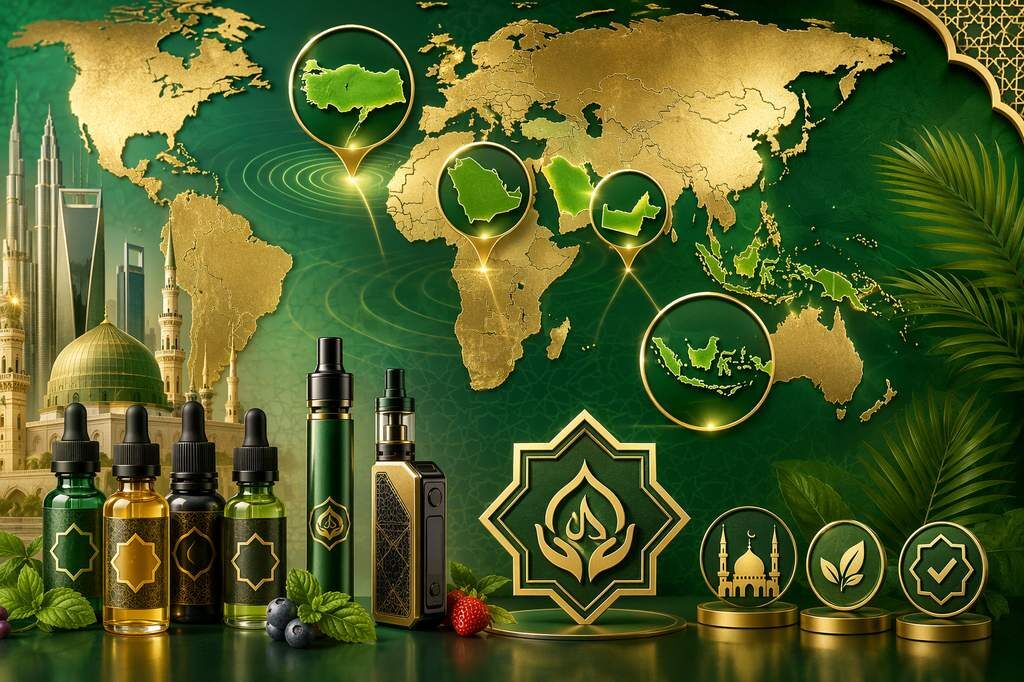 halal vaping market map, Indonesia Malaysia halal e-liquid, BPJPH JAKIM ESMA e-cigarette, Muslim vaping market global