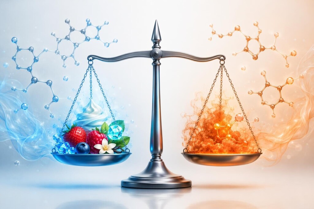 A conceptual visualization of the sensory balance between sweetness and nicotine harshness in e-liquid formulation — showing how sweet aroma compounds on one side counterbalance nicotine irritation signals on the other through cross-modal inhibition and TRPV1 antagonism.