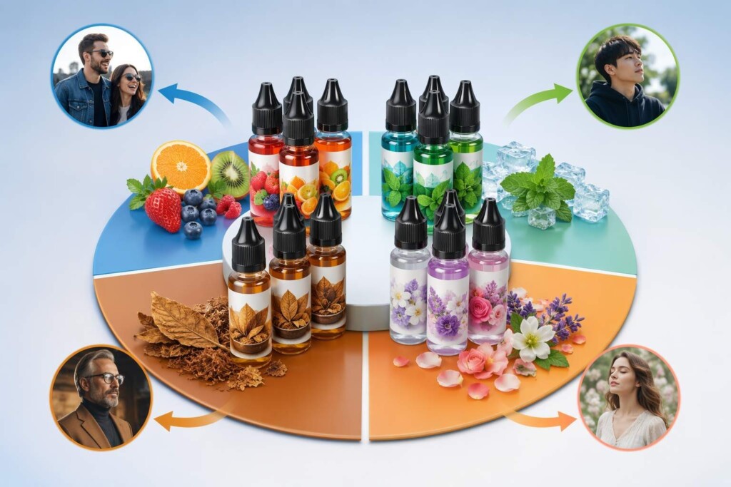 E-liquid flavor concentrate categories organized by demographic preference patterns — illustrating the evidence-based gender segmentation framework for B2B flavor portfolio development: fruit as universal, menthol as female-distinctive, floral as premium female niche.