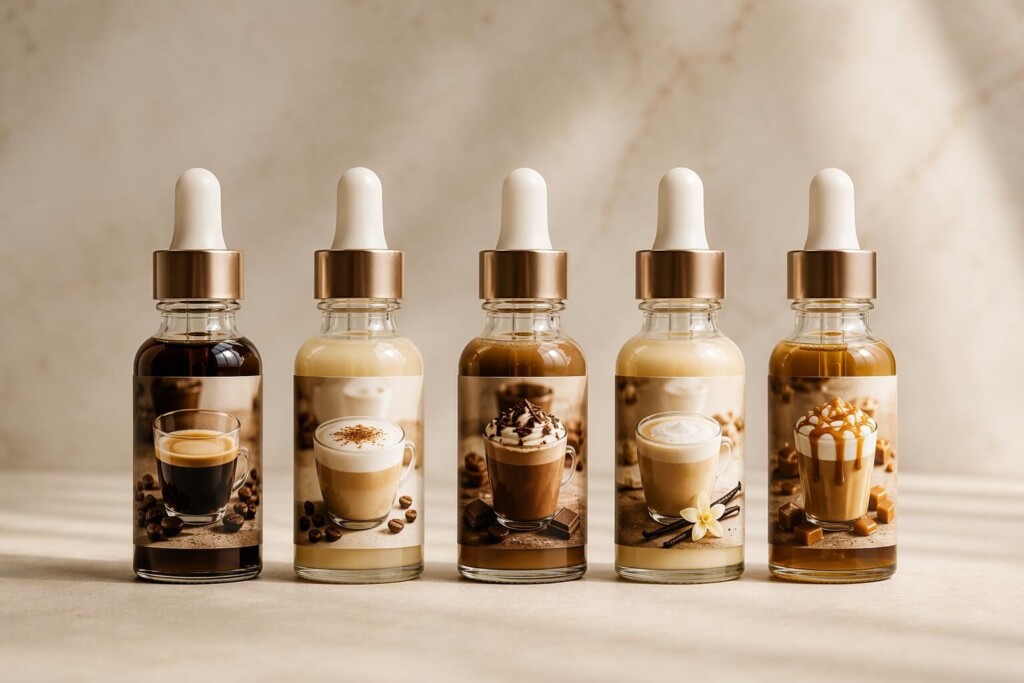 A professional range of coffee-inspired and coffee-pairing e-liquid flavor concentrates — espresso, cappuccino, mocha, vanilla latte, caramel macchiato — developed for the morning vaping occasion with authentic pyrazine-based coffee character and retronasal olfaction optimization.