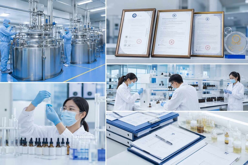 A manufacturing and laboratory collage illustrates controlled production, testing, records, and quality oversight.