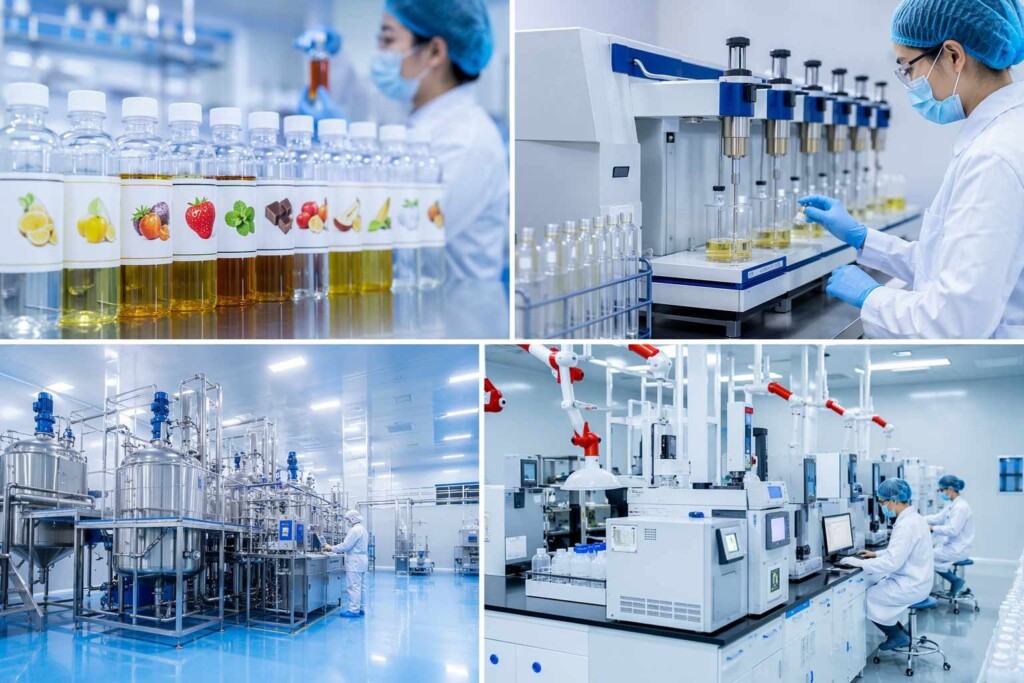 Cuiguai Flavor's GMP-certified manufacturing facility producing ISO22000-certified sweet flavor concentrates tested for nicotine compatibility across freebase and salt nicotine systems — supporting brand developers in building smooth, consumer-preferred e-liquid formulations at any target nicotine concentration.