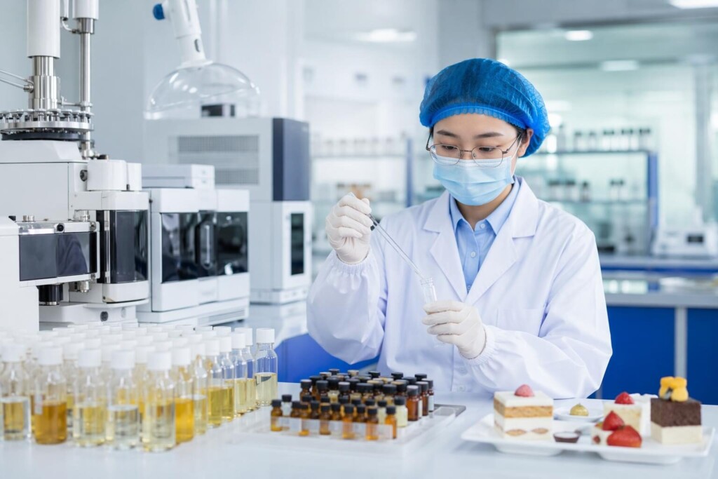 Cuiguai Flavor's GMP-certified laboratory developing premium dessert-profile e-liquid flavor concentrates — vanilla custard, caramel, cheesecake, and chocolate — optimized for retronasal olfaction performance and calorie-free craving satisfaction, with full ISO22000 certification and diacetyl-free documentation.