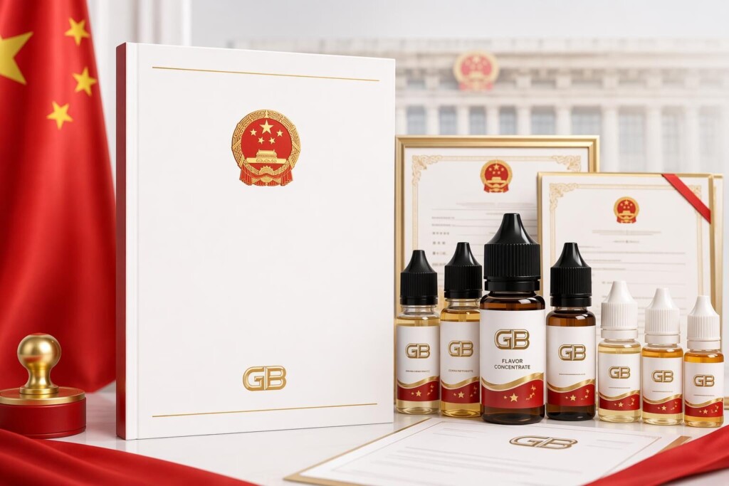 A compliance-themed e-liquid presentation represents documentation and product review under China’s mandatory national standard.