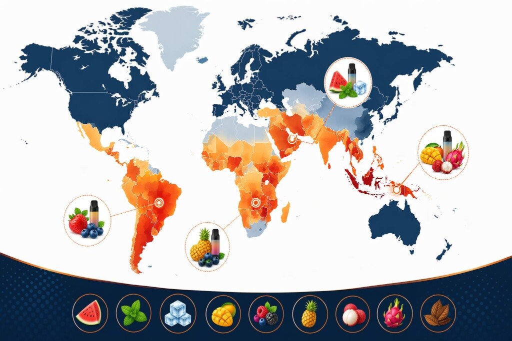 A global heat map illustrating the key unregulated and loosely regulated vape markets across Southeast Asia, the Middle East, Africa, and South America, highlighting dominant flavor demand patterns for B2B flavor manufacturers.