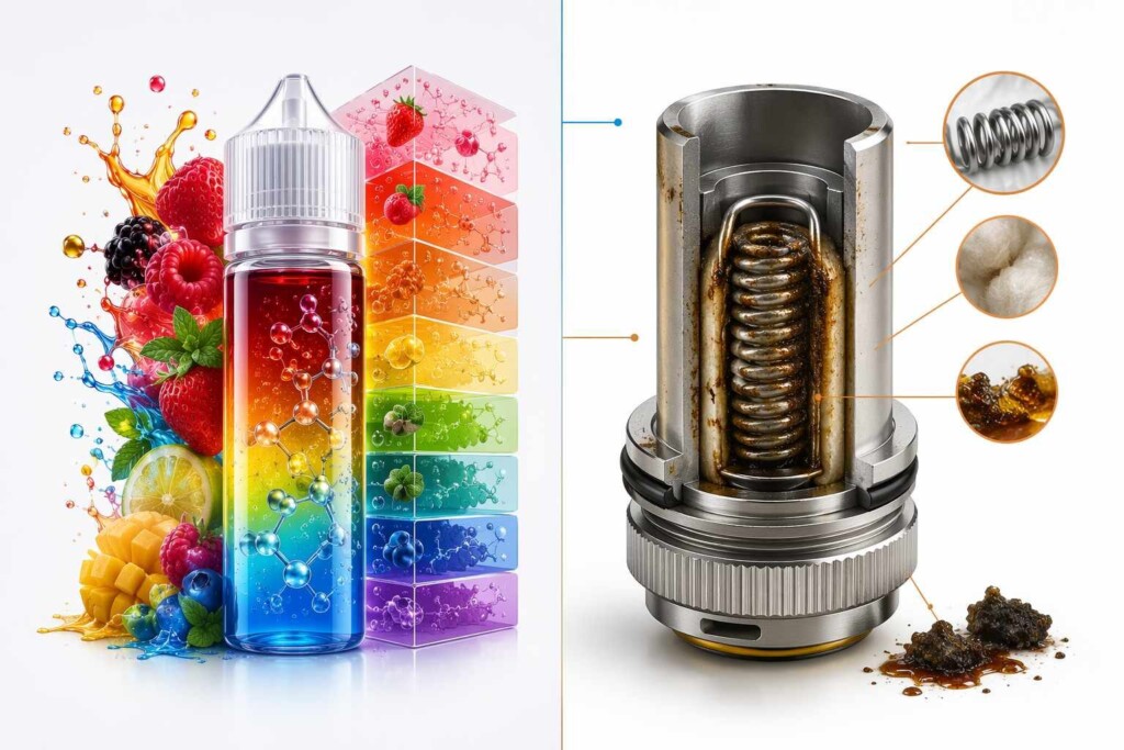 A technical analysis of the trade-off between e-liquid flavor complexity and vape coil longevity — covering sucralose degradation, caramelization chemistry, coil gunking mechanisms, and B2B formulation strategies for coil-friendly flavor concentrates.