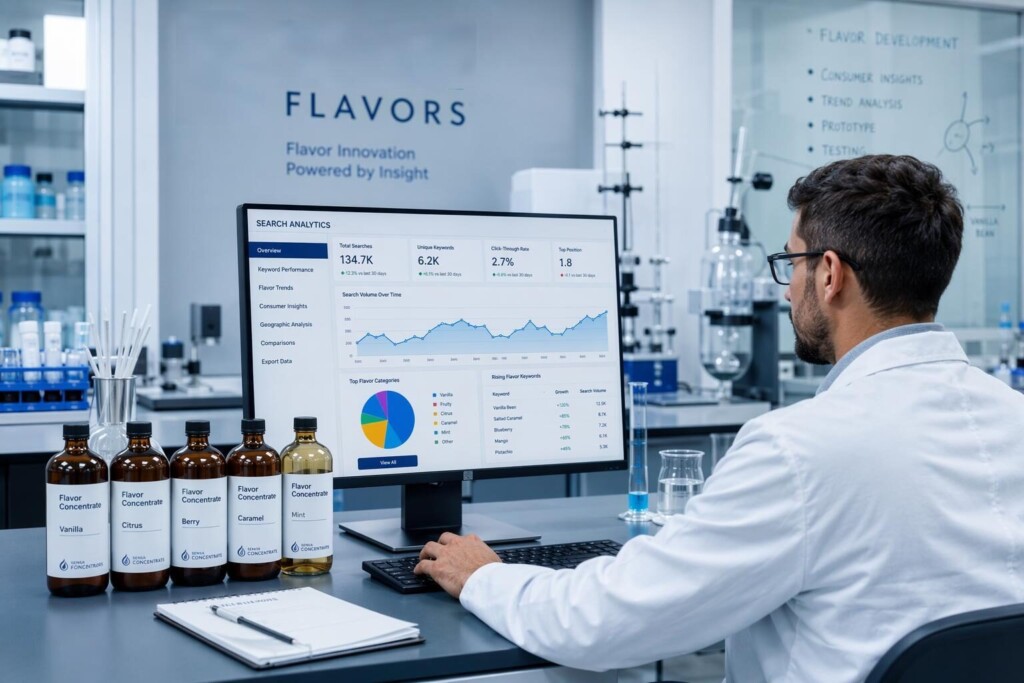 A flavor chemist cross-referencing search volume analytics with flavor compound data to guide B2B e-liquid concentrate development.