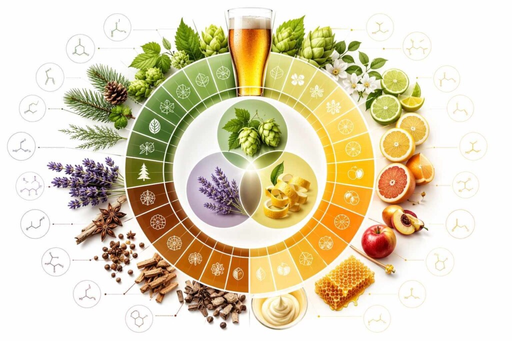 A professional aroma chemistry visualization showing the compound overlap between craft beer hop terpenes (myrcene, linalool, geraniol) and e-liquid flavor esters — illustrating the molecular basis for effective IPA, stout, and wheat beer vape flavor pairing.