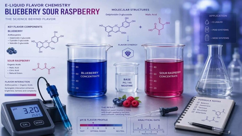 Laboratory view of blueberry sour raspberry e-liquid flavor formulation, showing precision pH measurement and molecular composition analysis for vape concentrate production.