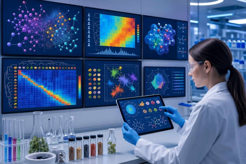A professional AI analytics dashboard showing machine learning analysis of e-liquid flavor compound combinations — illustrating how artificial intelligence identifies novel flavor pairings and predicts consumer acceptance before physical formulation begins.