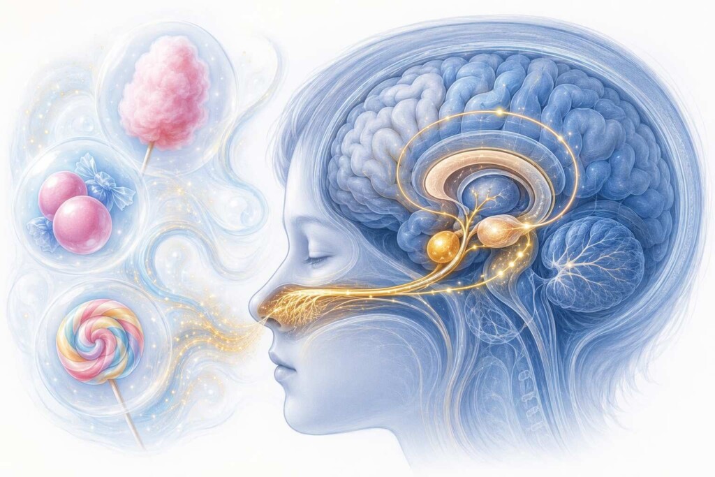 A scientific visualization of the olfactory-limbic memory pathway — showing how candy e-liquid aroma compounds connect directly to the hippocampus and amygdala, triggering emotionally vivid childhood memory recall that explains the extraordinary commercial power of nostalgic candy vaping profiles.