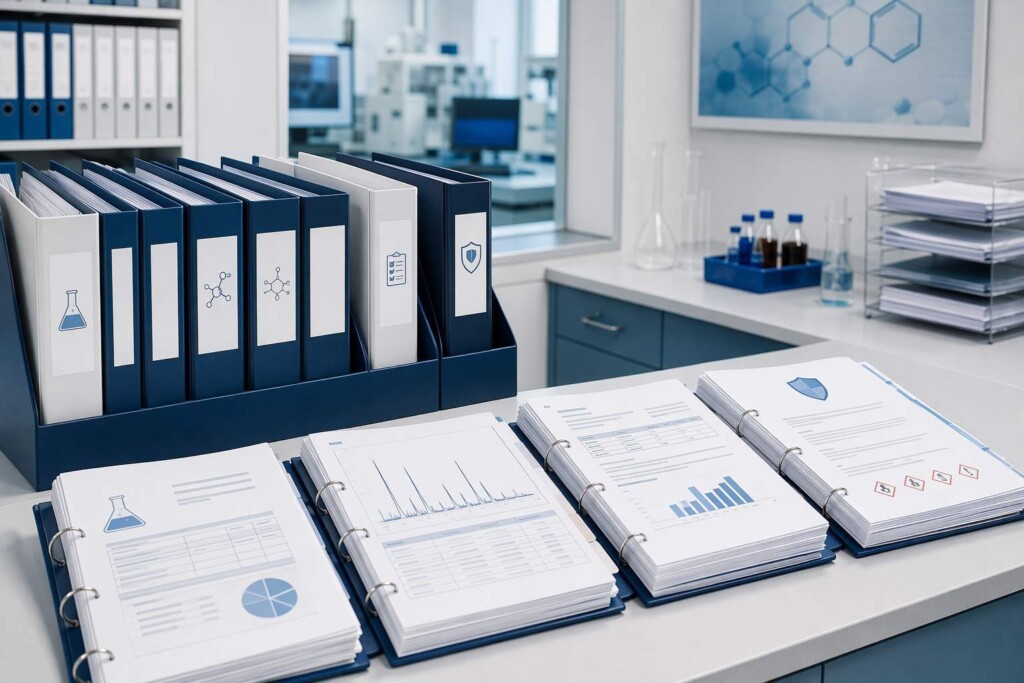 A professional regulatory documentation package assembled for FDA PMTA submission — Full Ingredient Disclosure (FIDO), batch GC-MS chromatogram analysis, Certificate of Analysis, and Safety Data Sheets — illustrating the complete documentation standard that flavor concentrate suppliers must provide to support successful PMTA applications.