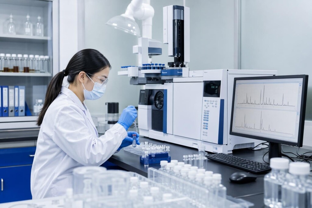 A laboratory analyst prepares samples beside chromatography equipment for identity and composition testing.