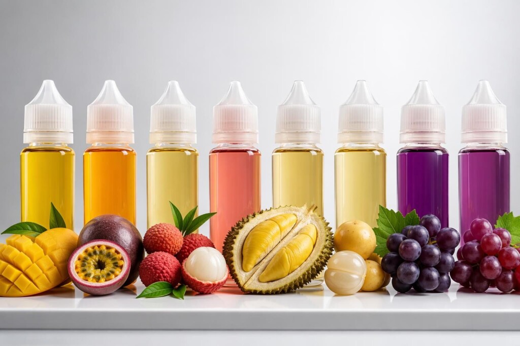 A professional range of tropical fruit e-liquid flavor concentrates — mango, passion fruit, lychee, durian, grape — representing the dominant flavor preferences identified across Southeast Asian and MENA unregulated vaping markets.