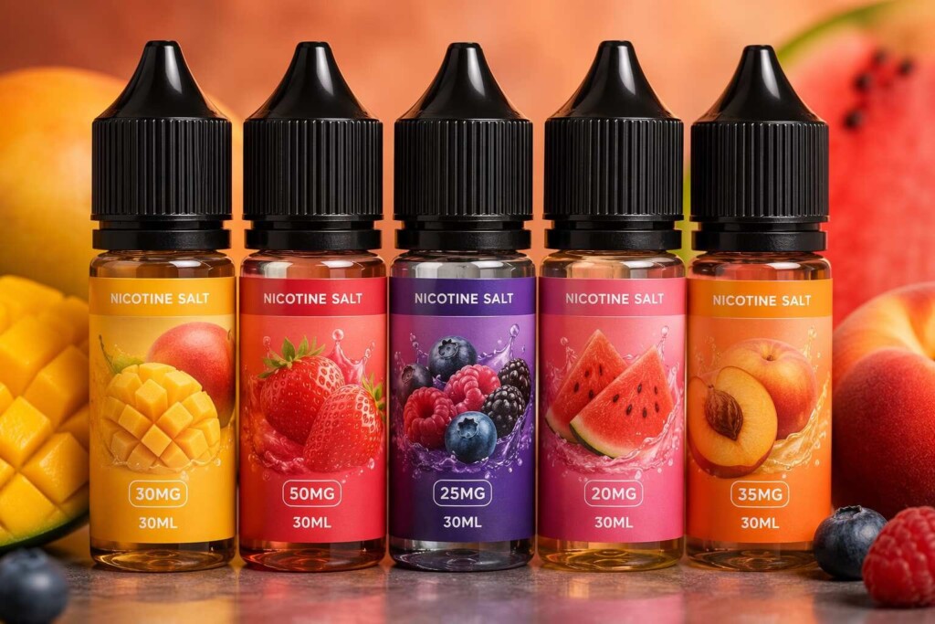 Sweet fruit-flavored nicotine salt e-liquid concentrates illustrating the commercial reality of sweetness-nicotine interaction: how fruit flavor profiles modulate perceived nicotine strength, enabling higher nicotine concentrations to remain palatable for transitioning smokers.
