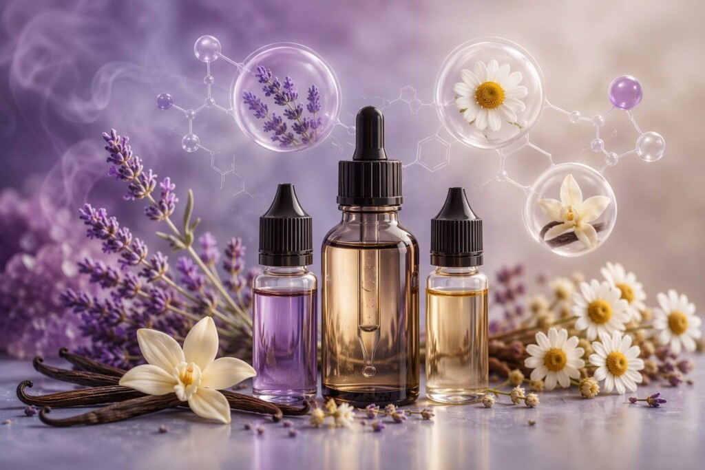 Scientific visualization of botanical calming compounds — lavender linalool, chamomile, vanilla vanillin — alongside e-liquid flavor concentrates, illustrating the aroma chemistry basis for evening relaxation vaping profiles and their parasympathetic nervous system modulatory properties.