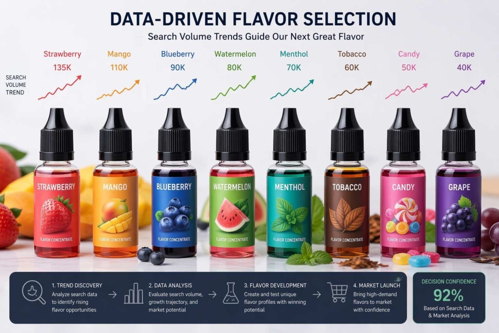 A curated range of e-liquid flavor concentrates selected based on search volume trend analysis, representing the top-performing flavor categories for B2B e-liquid manufacturers.