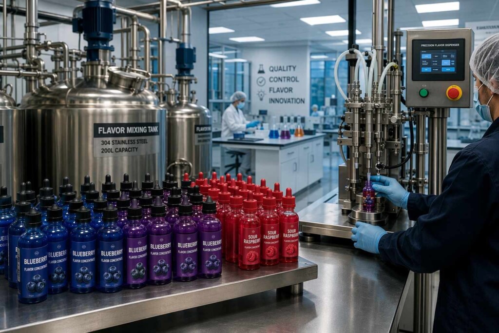 Professional e-liquid flavor manufacturing facility producing blueberry sour raspberry concentrates. Stainless steel mixing equipment and quality-controlled production environment.