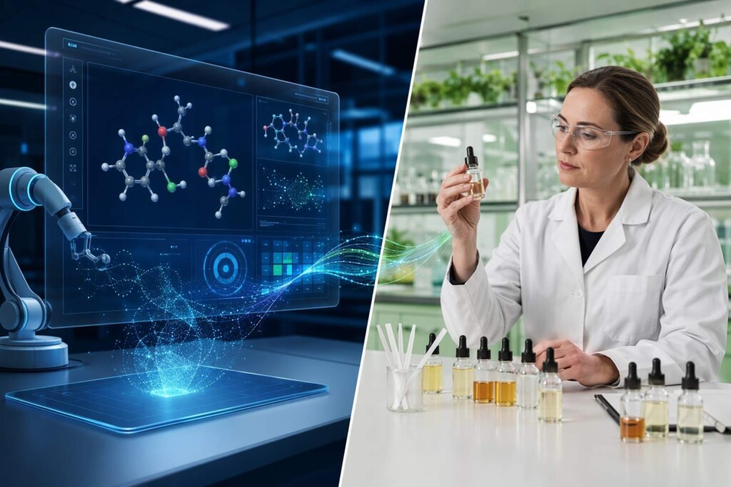 A GMP-certified e-liquid flavor laboratory integrating AI molecular design with expert human formulation evaluation — illustrating the optimal human-AI partnership model for discovering and validating novel B2B e-liquid flavor combinations.