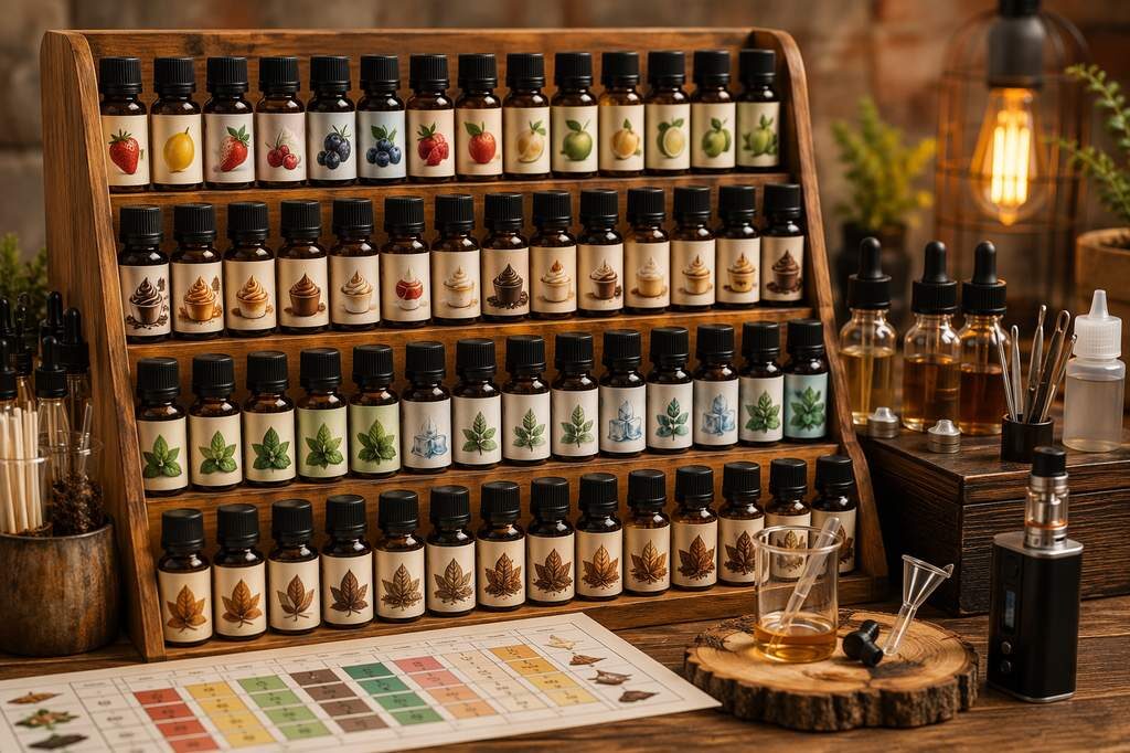 A professional consumer-facing flavor shot customization display — organized by flavor category (fruit, dessert, menthol, tobacco) — illustrating how the artisan flavor shot format enables vapers to build personalized e-liquid profiles from a modular flavor library.