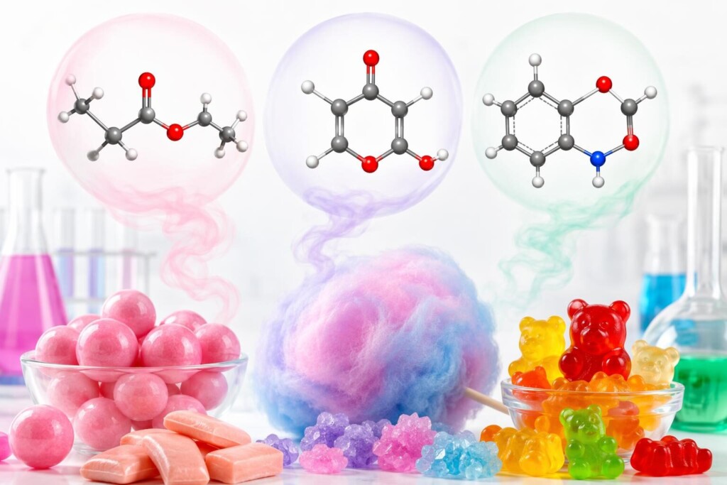 Scientific visualization of the primary aroma compound structures behind iconic nostalgic candy e-liquid profiles — illustrating the molecular precision required for authentic reference-matching formulation of bubblegum (isoamyl acetate architecture), cotton candy (ethyl maltol engineering), and gummy bear (multi-fruit ester gestalt).