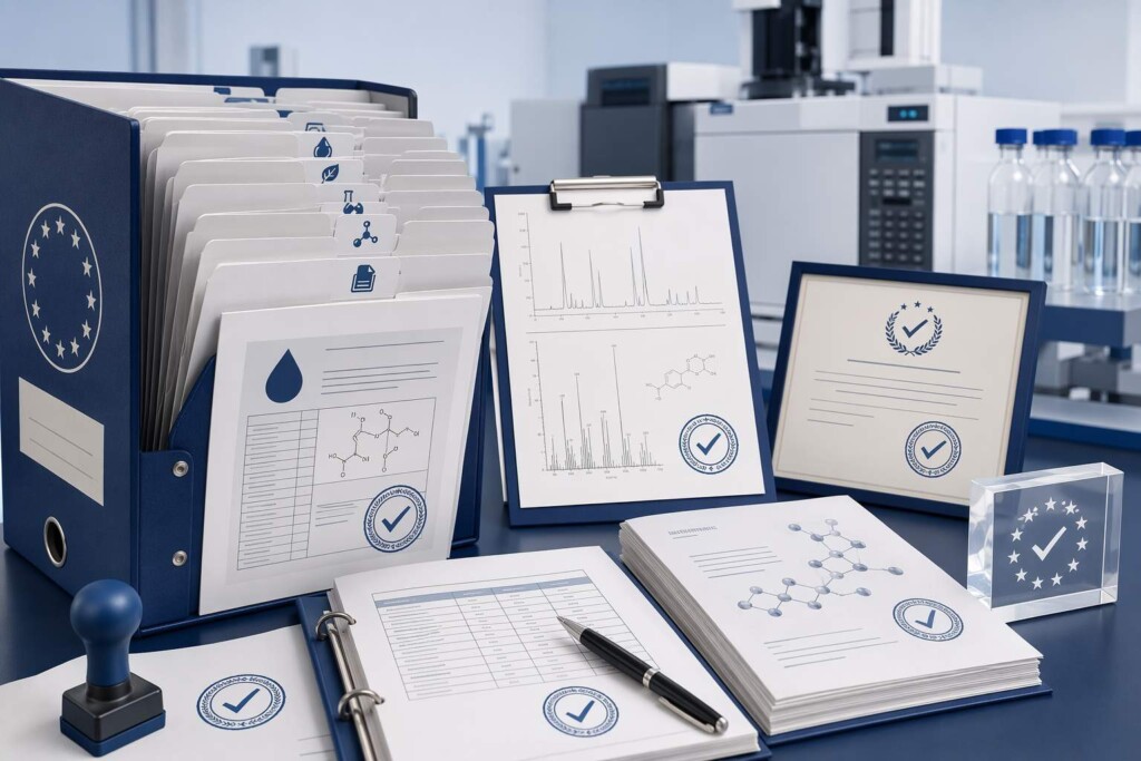Professional EU TPD compliance documentation package — Full Ingredient Disclosure (FIDO), GC-MS analysis reports, Certificate of Analysis, and Safety Data Sheets — assembled for EU-CEG notification submission for a flavored e-liquid product, illustrating the complete documentation standard required for EU market compliance.
